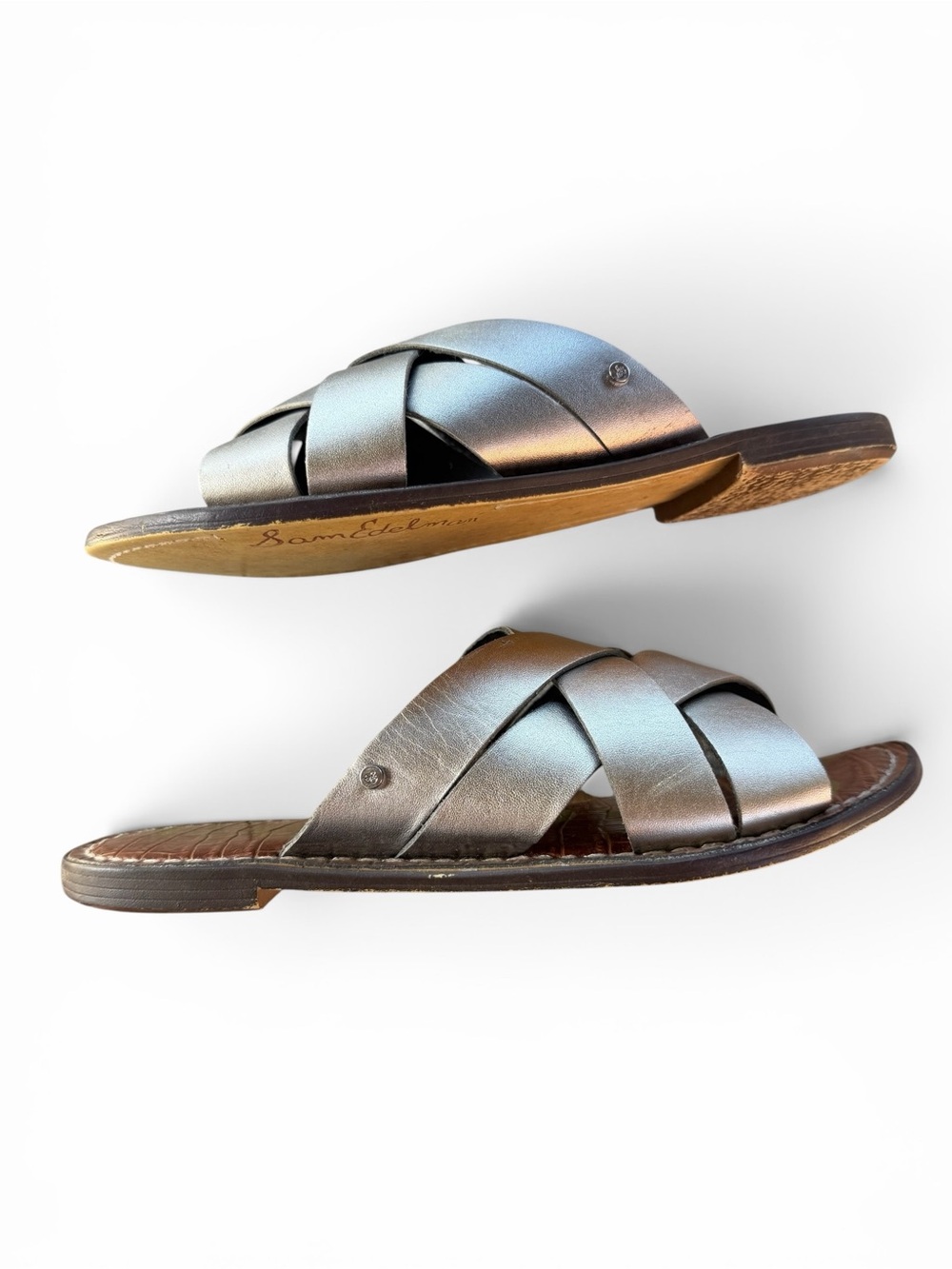 Sam Edelman Metallic Silver Crisscross Slide Sandals - Picture 2 of 7